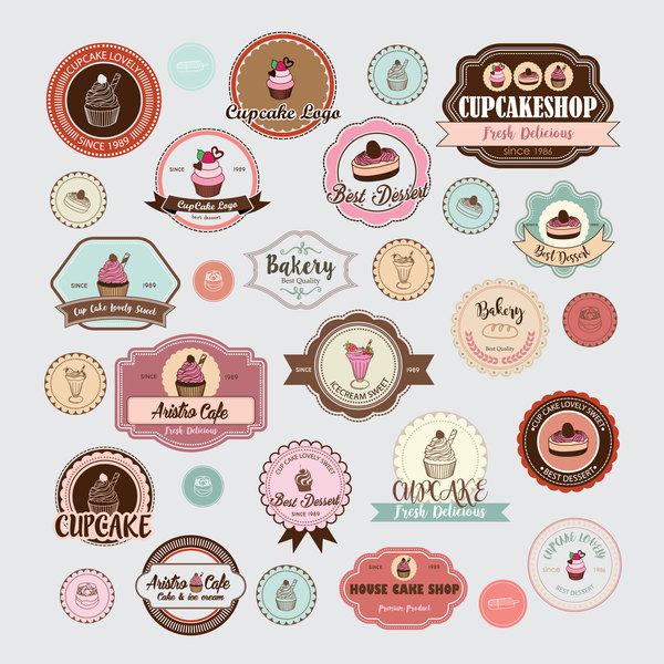 Cup cake badge with labels retro vector 11
