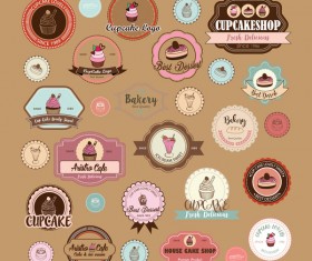 Cup cake badge with labels retro vector 12