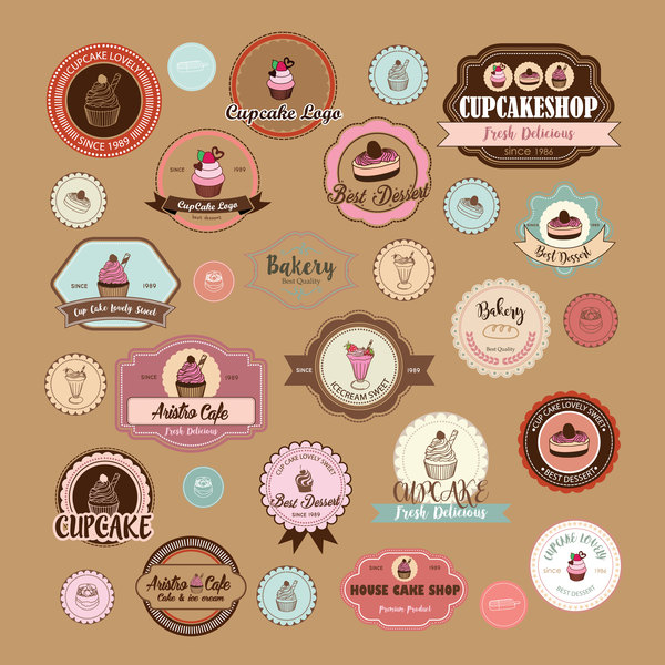 Cup cake badge with labels retro vector 12