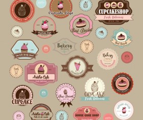 Cup cake badge with labels retro vector 13