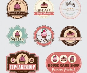 Cup cake badge with labels retro vector 15