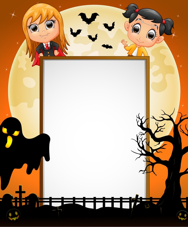 Cute kids with halloween blank background vector 02