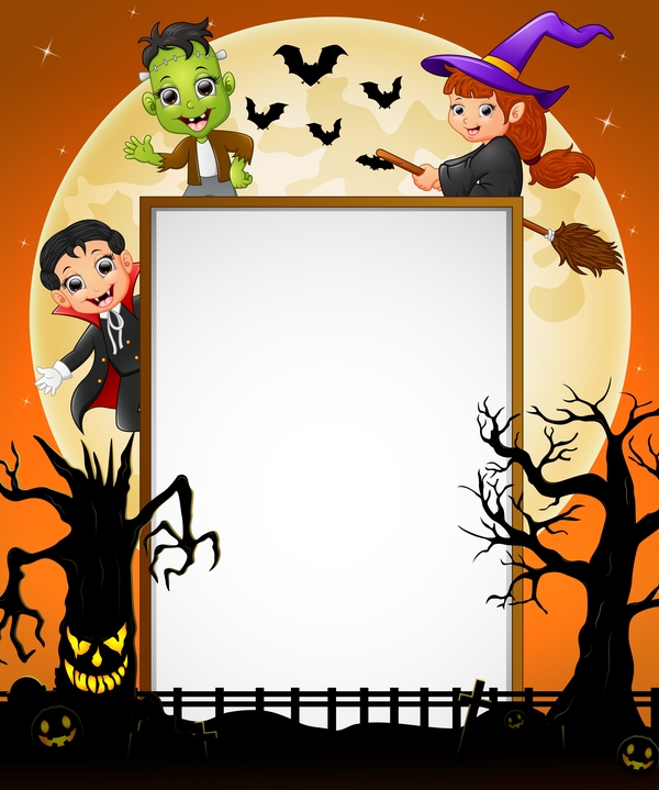 Cute kids with halloween blank background vector 03