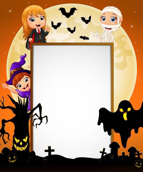 Cute kids with halloween blank background vector 04