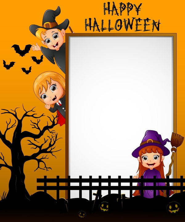 Cute kids with halloween blank background vector 09