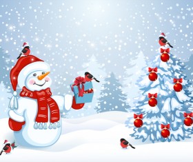 Cute snowman with christmas tree vector 02
