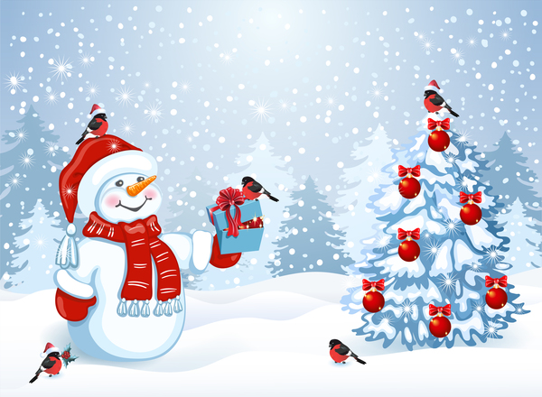Cute snowman with christmas tree vector 02