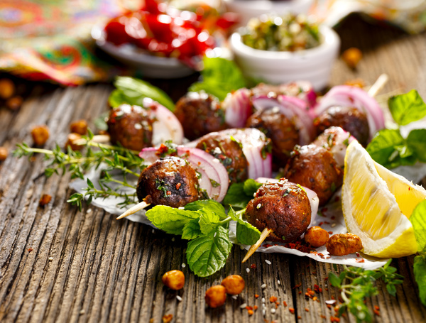 Delicious grilled vegetables and kebabs Stock Photo 01