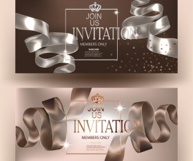 Elegant beige invitation cards with silk curly ribbons and grown vector