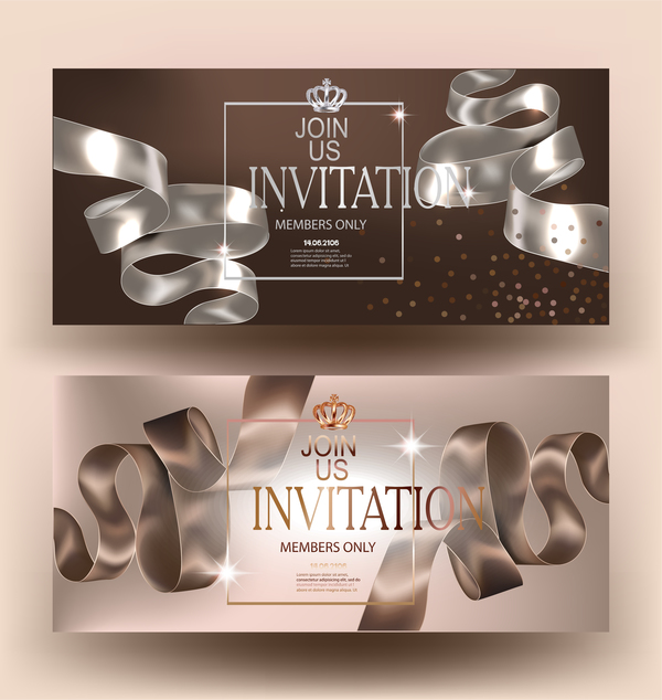 Elegant beige invitation cards with silk curly ribbons and grown vector