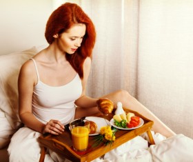 Enjoy breakfast girl in bed Stock Photo 14