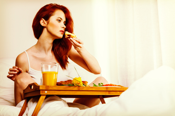 Enjoy breakfast girl in bed Stock Photo 16