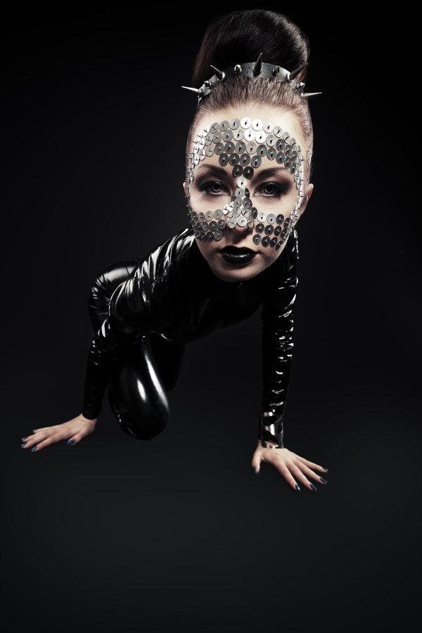 Girl in latex clothes Face is covered with sequins Stock Photo 02