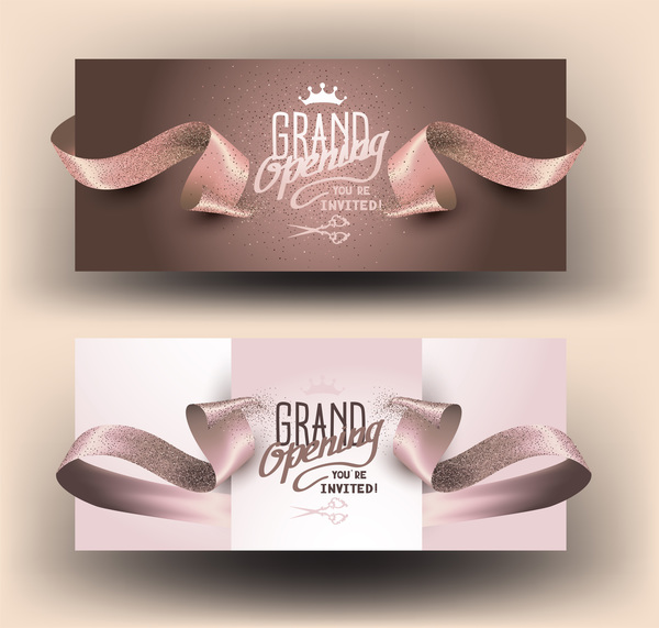 Grand opening beige banners with curly cut ribbons vector