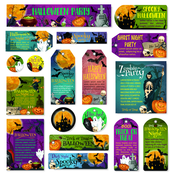 Halloween tags with banner and card template vector 01