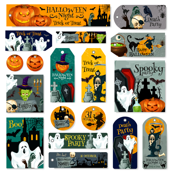 Halloween tags with banner and card template vector 02