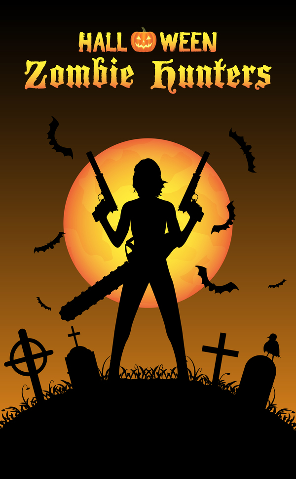 Halloween zombie hunters poster vector design 02