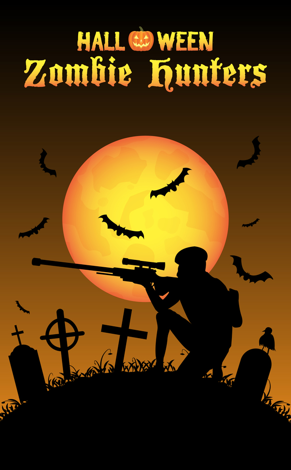 Halloween zombie hunters poster vector design 06