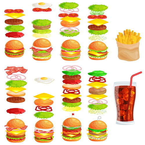 Hamburgers with drink and fries vector