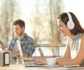 Happy woman online chat Stock Photo