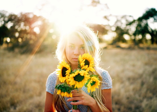 Holding sunflower flowers back light girl Stock Photo
