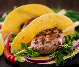 Homemade pancakes with meat and vegetables Stock Photo