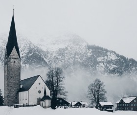 Peaceful town in misty season Stock Photo