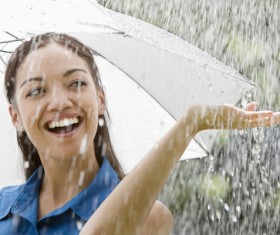Rainy woman with umbrella happy Stock Photo 01
