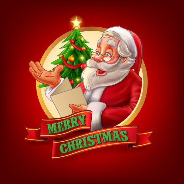Santa with christmas labels and red backgorund vector 01