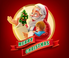 Santa with christmas labels and red backgorund vector 02