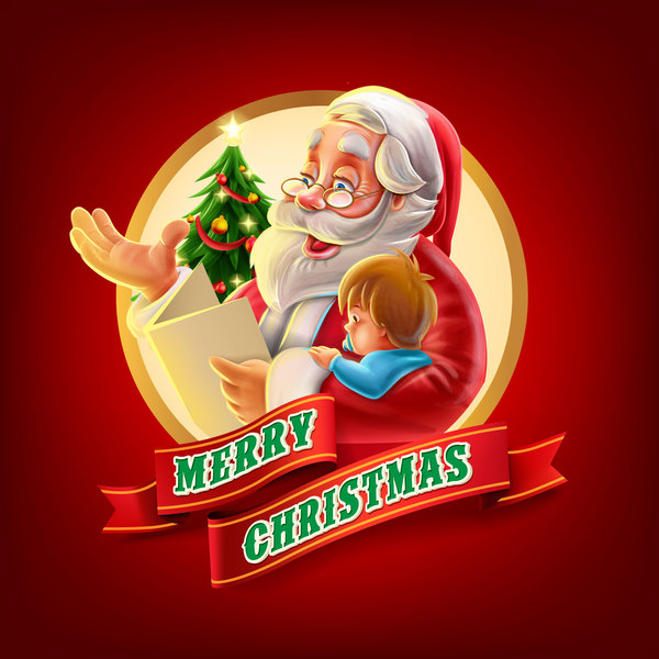 Santa with christmas labels and red backgorund vector 02
