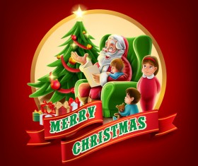 Santa with christmas labels and red backgorund vector 03