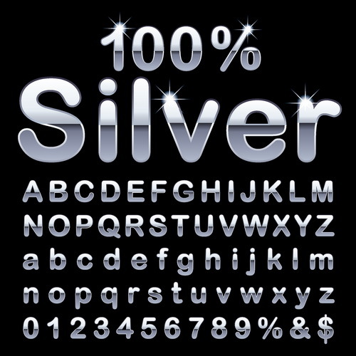 Shiny silver alphabet with numbers vectors material 02