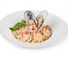 Shrimp and spaghetti with mussels Stock Photo