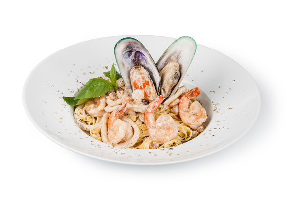 Shrimp and spaghetti with mussels Stock Photo