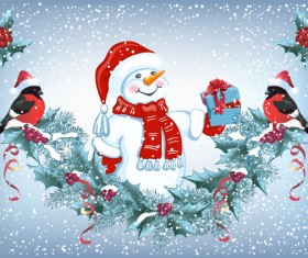 Snowman and bird with christmas backgorund vector
