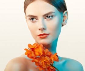 Temperament elegant girl holding orchid Stock Photo 04