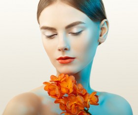 Temperament elegant girl holding orchid Stock Photo 05