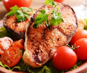 Tomatoes and vegetables grilled salmon Stock Photo 01
