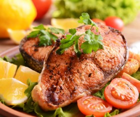 Tomatoes and vegetables grilled salmon Stock Photo 02