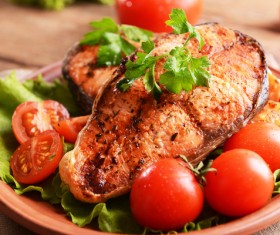Tomatoes and vegetables grilled salmon Stock Photo 03