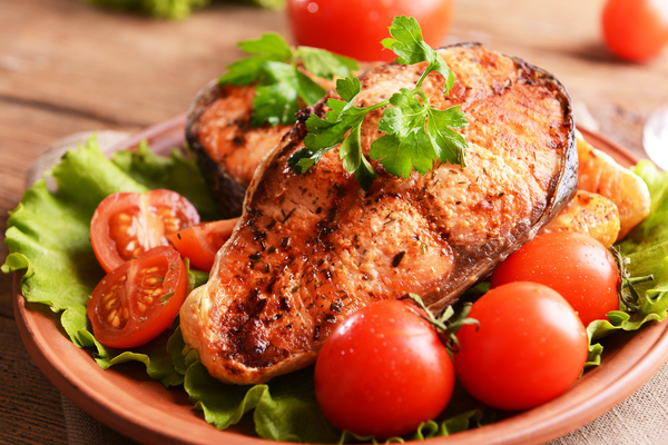 Tomatoes and vegetables grilled salmon Stock Photo 03