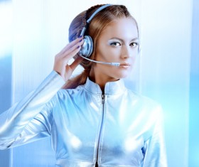 Wearing a headset fashion girl metal shining Stock Photo 01