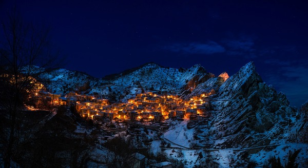 Winter and night resort village Stock Photo