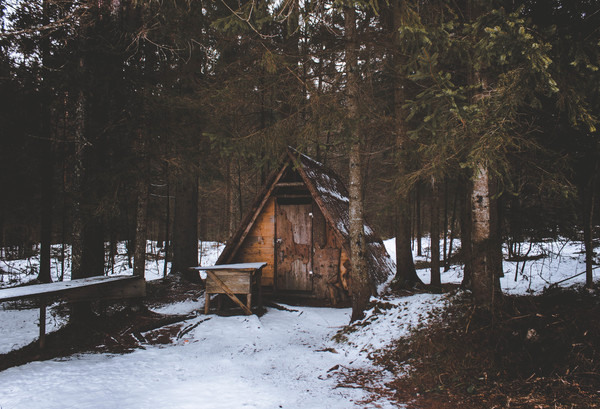 Wooden cottage in forest in wintertime Stock Photo