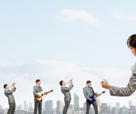 man who plays all kinds of instruments Stock Photo