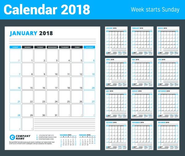 2018 company calendar template blue vector