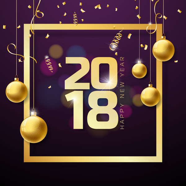 2018 new year golden frame with decor balls vector