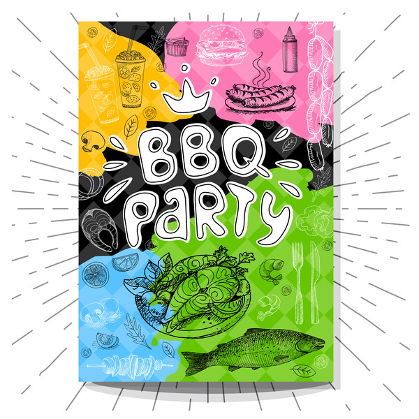 BBO Party flyer hand drawn template vectors 06