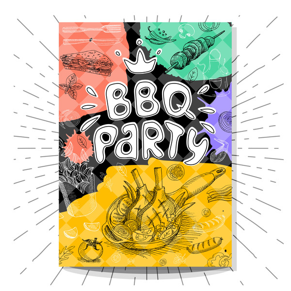BBO Party flyer hand drawn template vectors 07